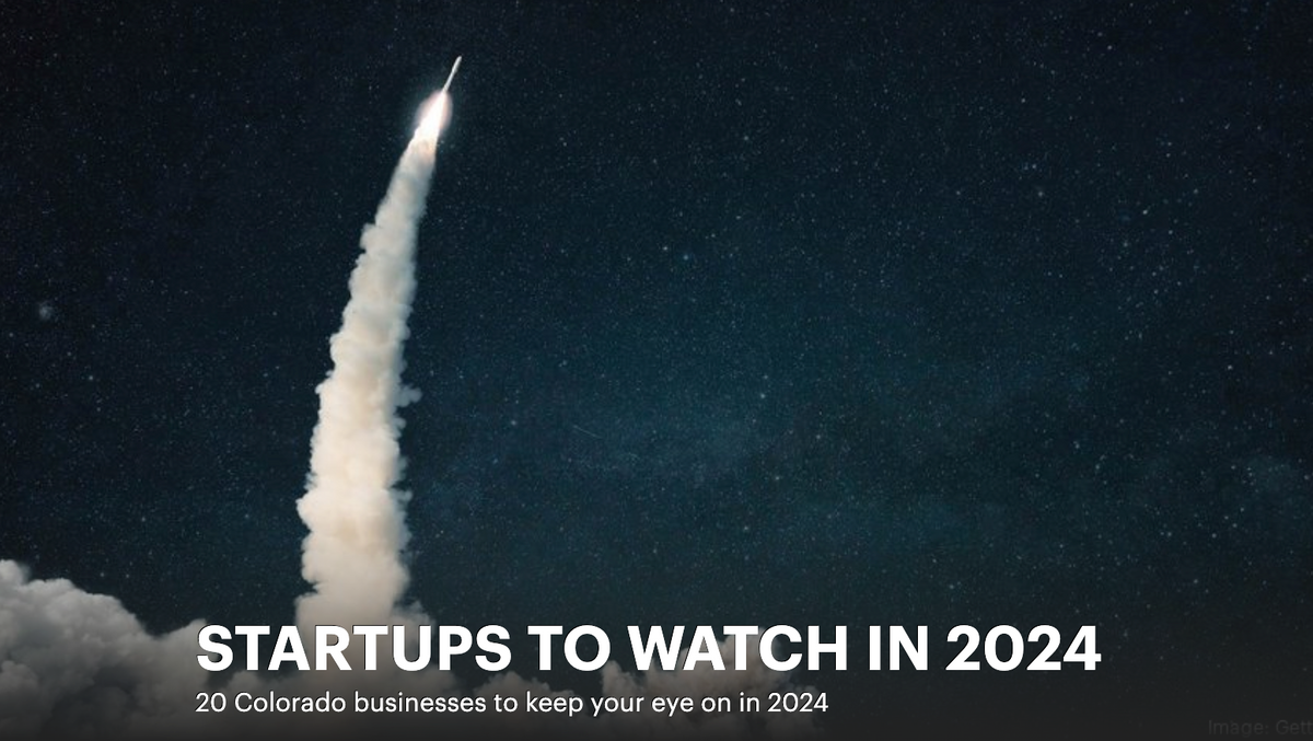 Rocket launch with a trail of smoke against a dark sky, accompanied by text about startups to watch in 2024.