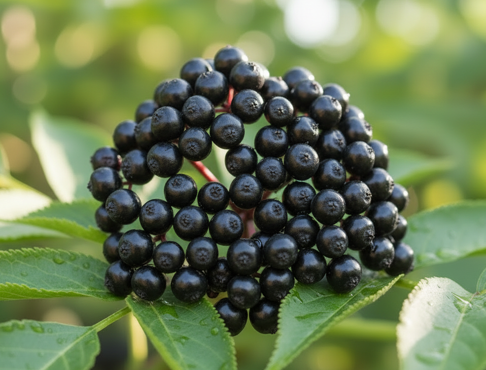 A cluster of dark, glossy berries growing on a leafy green plant, photographed outdoors with a soft blurred natural background.