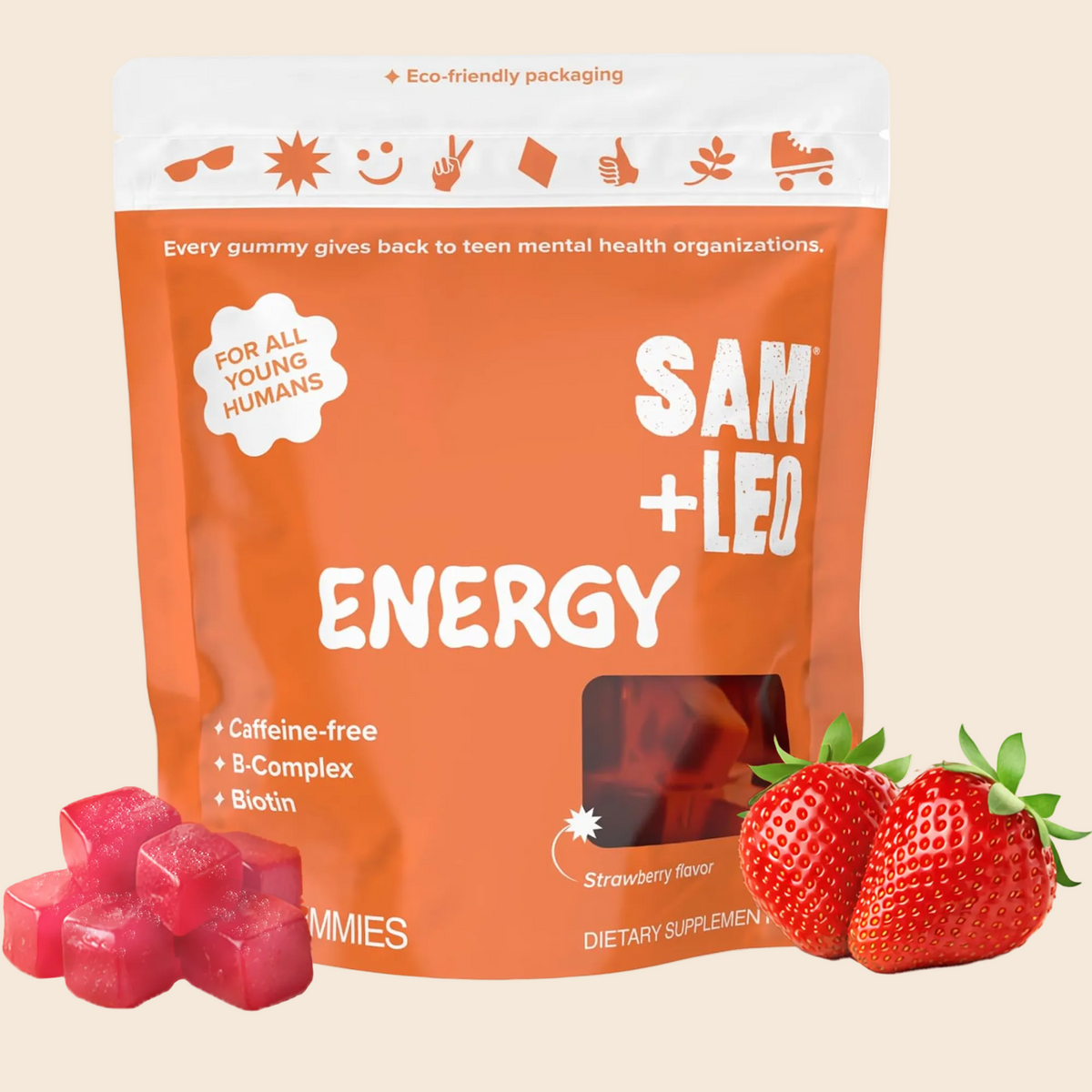 SAM + LEDO energy gummies packaging with gummies and strawberries on a white background