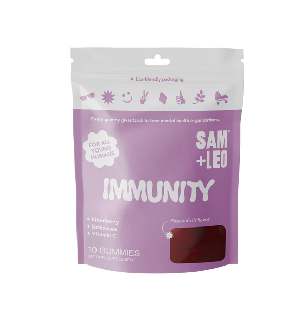 A stand-up pouch package of SAM + LEO Immunity gummies, featuring a lavender purple design with white text and a small window showing the dark red gummies inside, set against a plain white background.