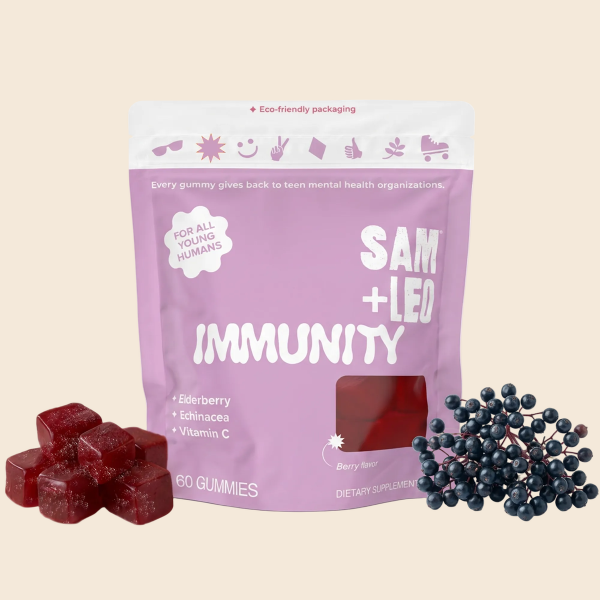 A stand-up pouch of SAM + LEO IMMUNITY gummies in berry flavor, shown on a white background with several red gummy cubes on the left and dark blue-purple berries on the right. The pouch is lavender/pink with white text and a small red window showing the gummies inside.