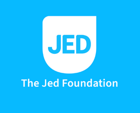 A digital graphic featuring the white and blue 'JED' logo inside a rounded shield shape, with the text 'The Jed Foundation' written below in white against a solid bright blue background.