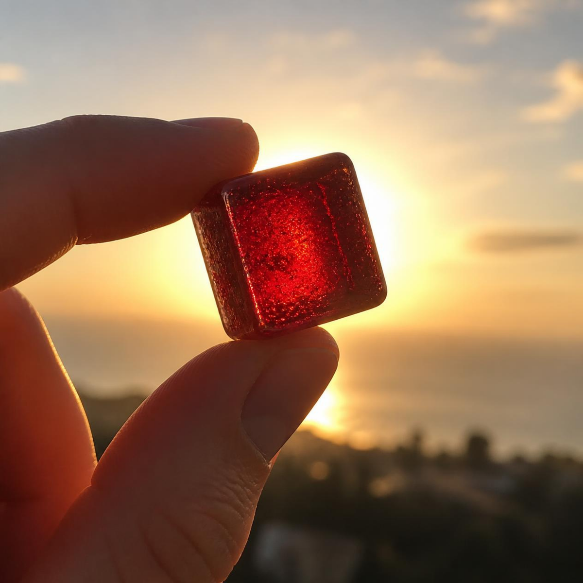 A hand holds a small, square, translucent red Sam+Leo gummy in front of a glowing sunset over water, with a blurred landscape in the background.