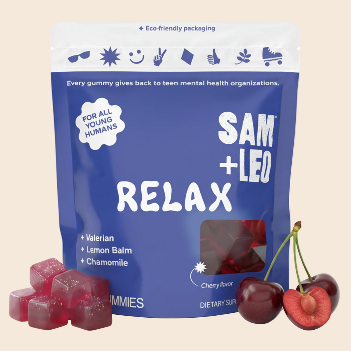 A stand-up pouch of SAM + LEO RELAX cherry-flavored gummies, shown with several red translucent gummy cubes in front and fresh cherries on both sides. The pouch is blue and white with product text and a small clear window showing the gummies inside.