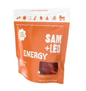 SAM+LEO ENERGY caffeine-free energy and focus gummies pouch angled view