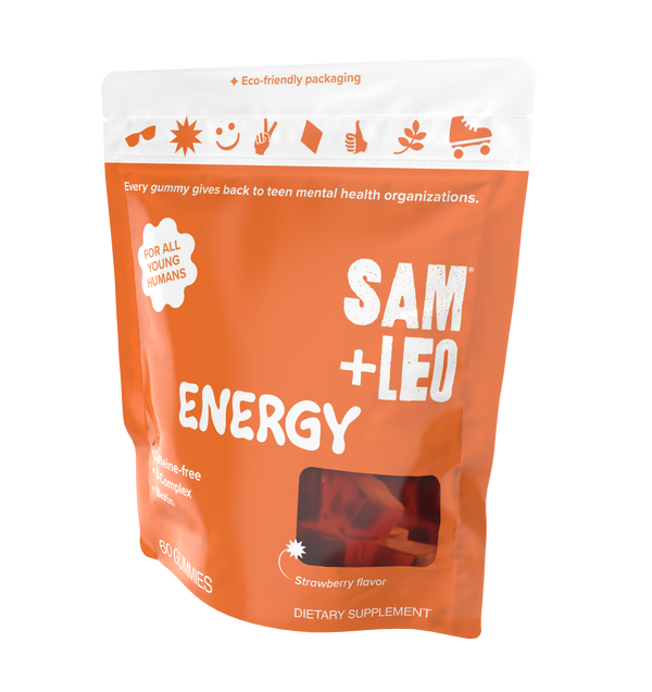 SAM+LEO ENERGY caffeine-free energy and focus gummies pouch angled view