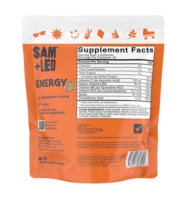SAM+LEO ENERGY gummies back pouch with product details