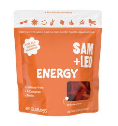 SAM+LEO ENERGY caffeine-free energy and focus gummies strawberry flavor front pouch