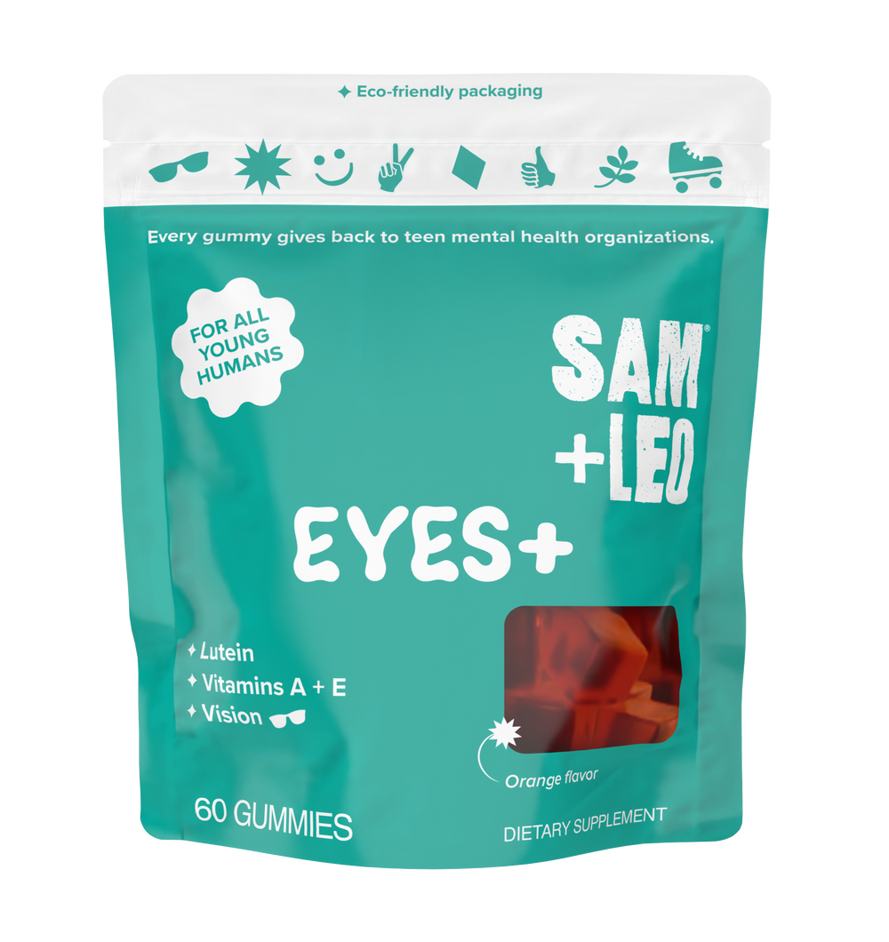 SAM+LEO EYES+ eye health gummies orange flavor front pouch