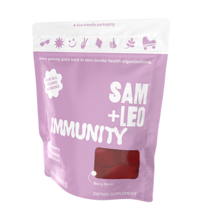 SAM+LEO IMMUNITY elderberry immune support gummies pouch angled view