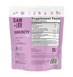 SAM+LEO IMMUNITY elderberry immune support gummies back pouch with product details