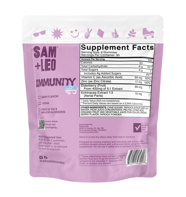 SAM+LEO IMMUNITY elderberry immune support gummies back pouch with product details