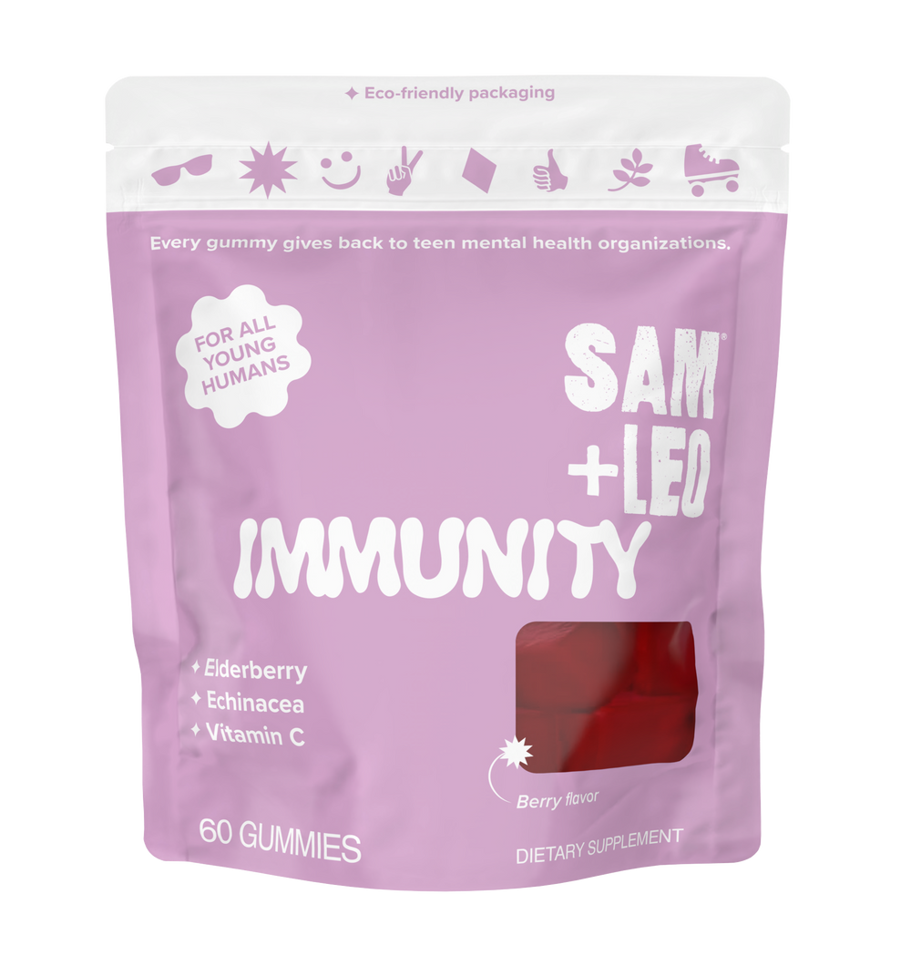 SAM+LEO IMMUNITY elderberry immune support gummies berry flavor front pouch