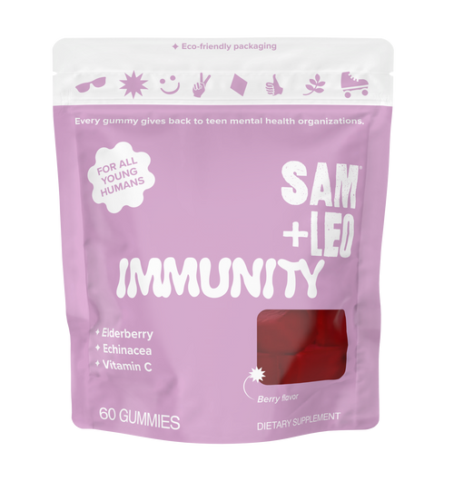 SAM+LEO IMMUNITY elderberry immune support gummies berry flavor front pouch