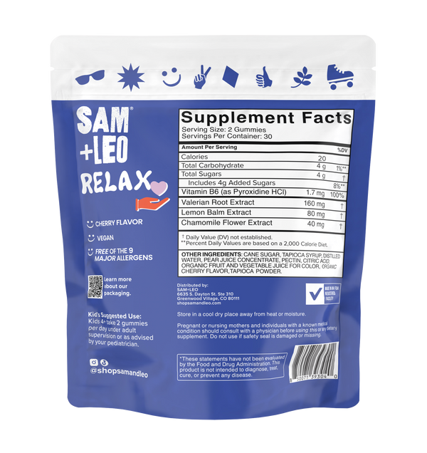 SAM+LEO RELAX calming gummies back pouch with product details