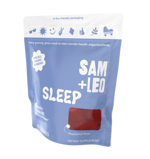 SAM+LEO SLEEP melatonin sleep gummies pouch angled view