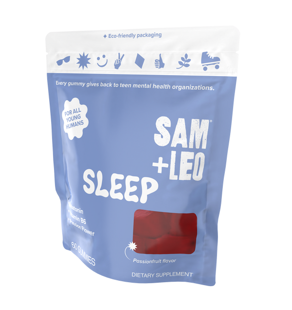 SAM+LEO SLEEP melatonin sleep gummies pouch angled view