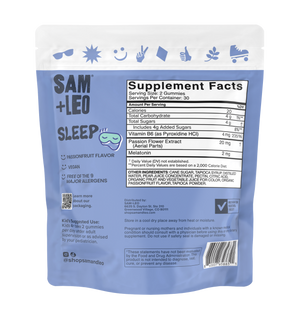 SAM+LEO SLEEP melatonin sleep gummies back pouch with product details