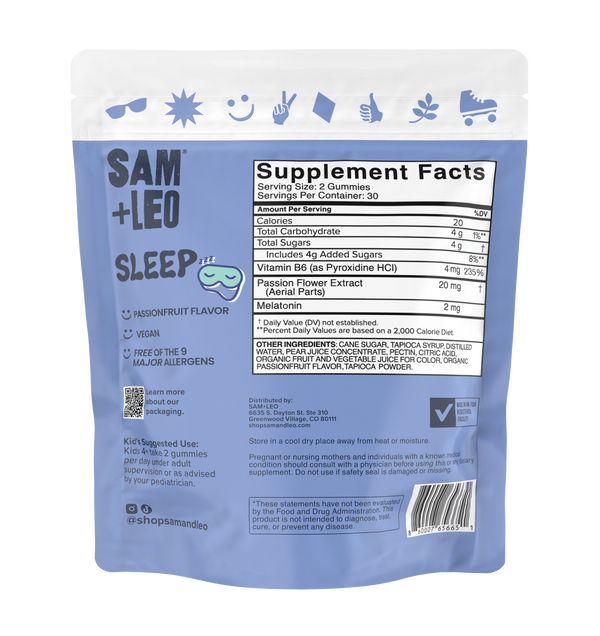 SAM+LEO SLEEP melatonin sleep gummies back pouch with product details