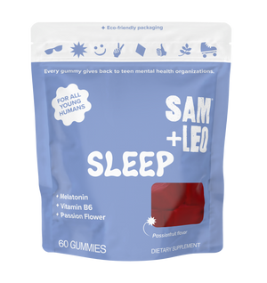 SAM+LEO SLEEP melatonin sleep gummies passion fruit flavor front pouch