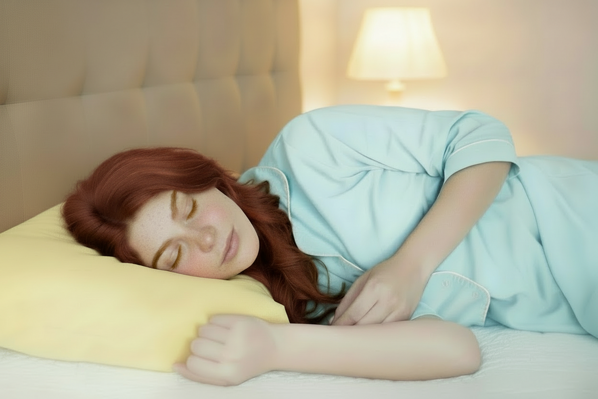 A woman with red hair and freckles sleeping on a bed, wearing a light blue pajama set and resting on a yellow pillow, with a starry galaxy night sky background.