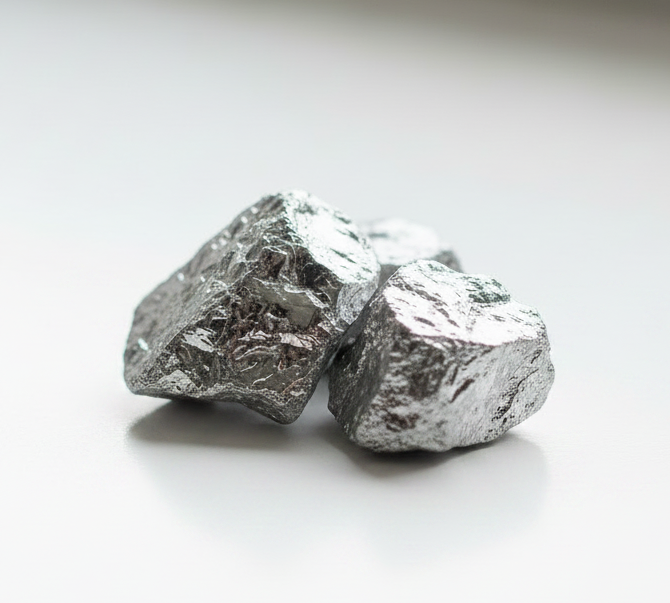 Two rough, metallic silver ingots with a crinkled, textured surface, standing upright on a clean white surface with a soft shadow.