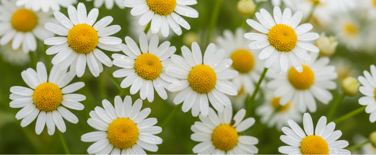 Close-up of a cluster of white chamomile flowers with bright yellow centers and green stems in a soft-focus outdoor setting.