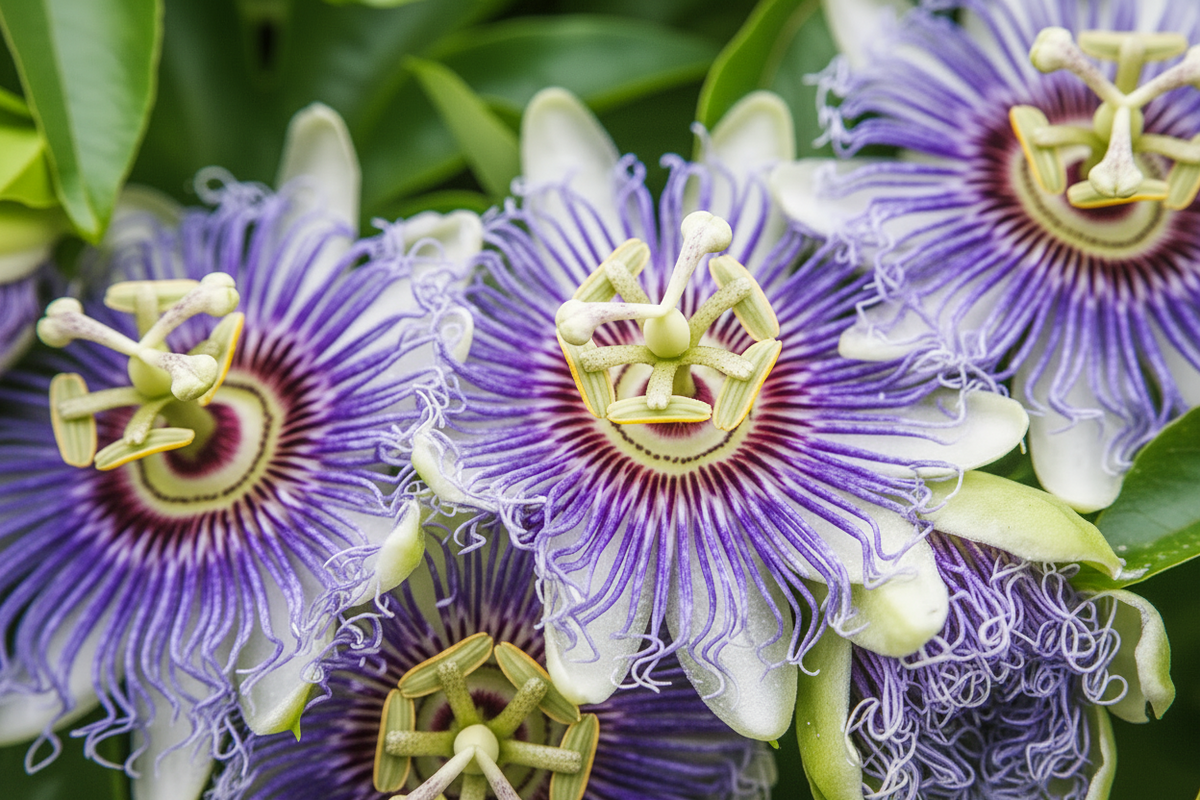 Close-up of several purple and white passionflower blooms with intricate blue-violet filaments and pale green centers, set against dark green foliage.