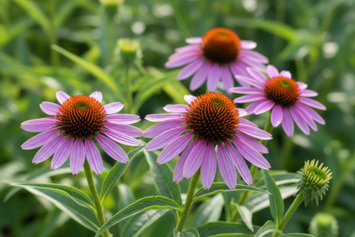 Close-up of three echinacea flowers with light purple petals and bright orange-brown centers, surrounded by green leaves and stems in a natural garden setting.