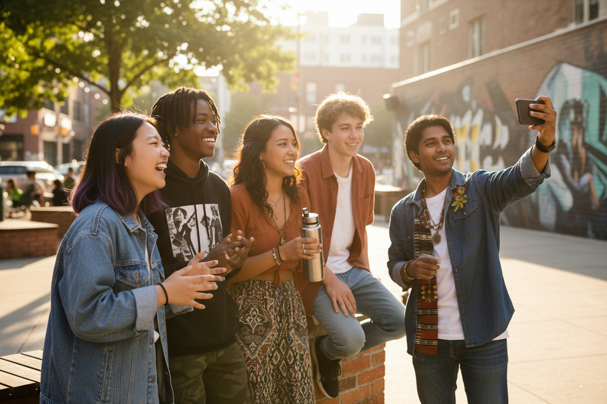 Five diverse teens taking a sunny outdoor selfie on a city street, with warm golden hour light and urban background elements like trees, buildings, and a graffiti wall.