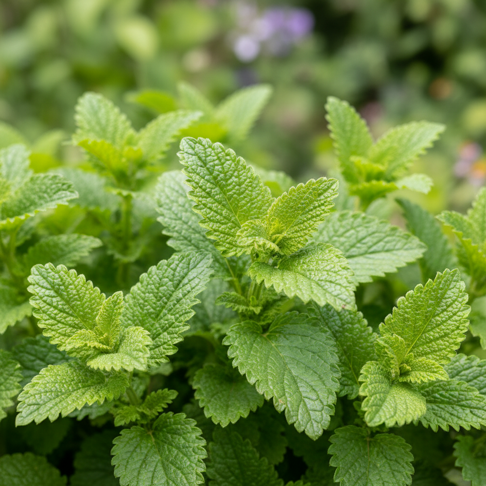 Close-up of fresh green lemon balm leaves with serrated edges and a glossy texture, growing in a garden with a soft blurred background.