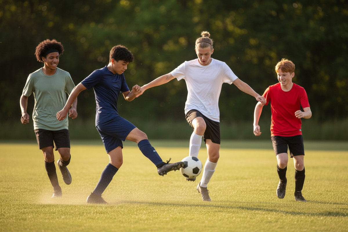 Four boys playing soccer on a grassy field at sunset. One boy in a white shirt and black shorts is dribbling a black and white soccer ball while being challenged by a boy in a navy blue shirt and shorts, with two other boys in green and red shirts running around him.