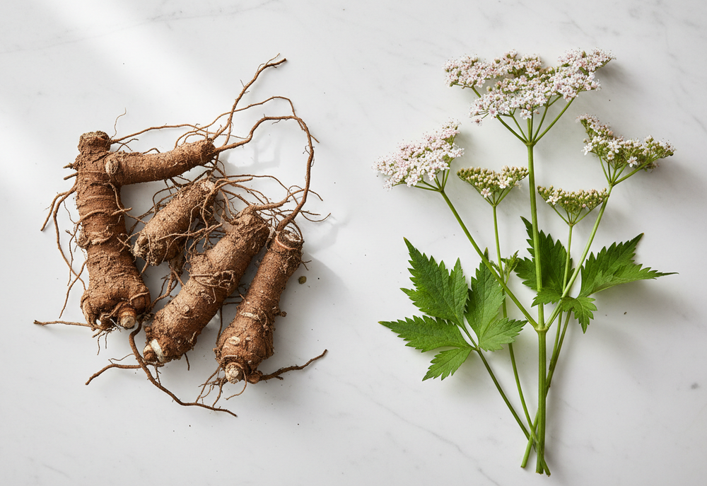Three raw brown roots with fine roots and twigs arranged next to a small cluster of white valerian flowers with green leaves on a white marble surface.